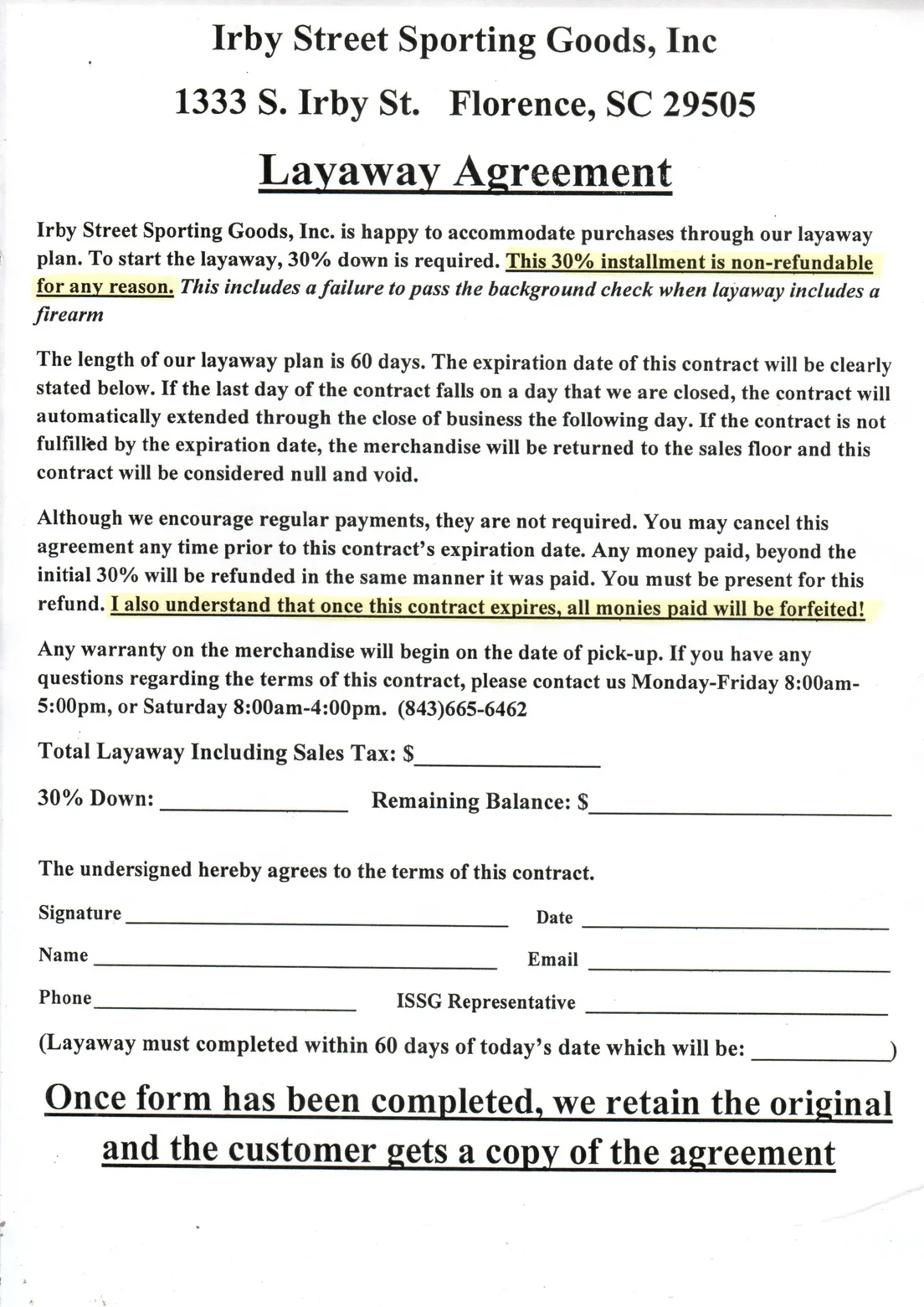 Firearms layaway program available at Irby Street Sporting Goods gun shop, Florence SC